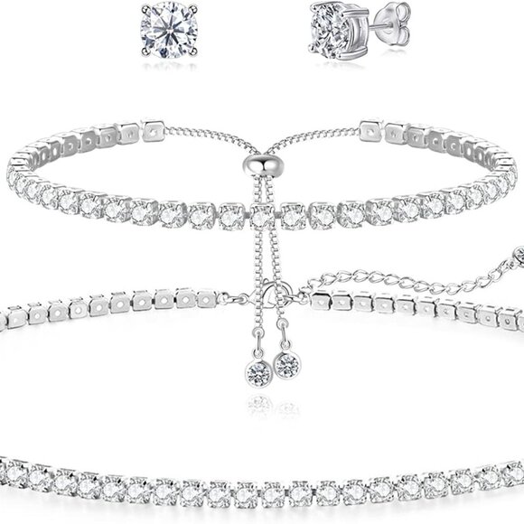 Sterling Silver Tennis Necklace Bracelet Set Dainty Hypoallergenic Jewelry for W - Picture 1 of 9